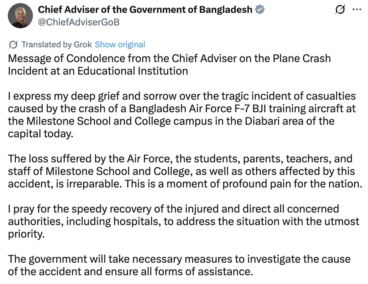 bangladesh plane crash x statement